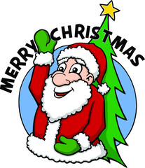 cartoon santa waving with christmas tree | christmas design