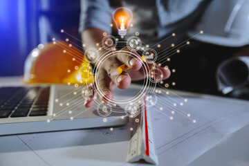 Future building construction engineering and technology project concept. double exposure graphic with engineer working and smart industry and IOT software to control operation.