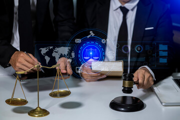 Concepts of Law and Legal services. Lawyer working with law interface icons.