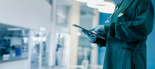 Medicine doctor touching on digital tablet and hologram modern virtual screen interface icons, Medical technology and futuristic concept.