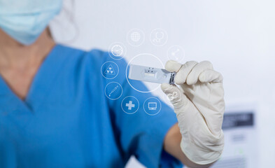 Doctor hands holding Coronavirus(Covid-19) negative test and virus interface icons, Medical...