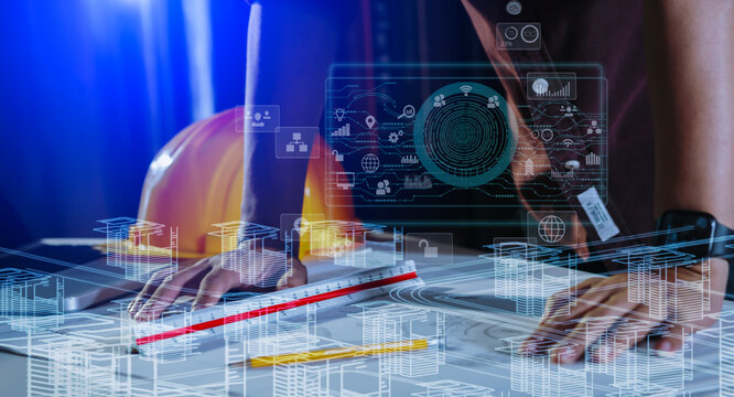 Future building construction engineering and technology project concept. double exposure graphic with engineer working and smart industry and IOT software to control operation.