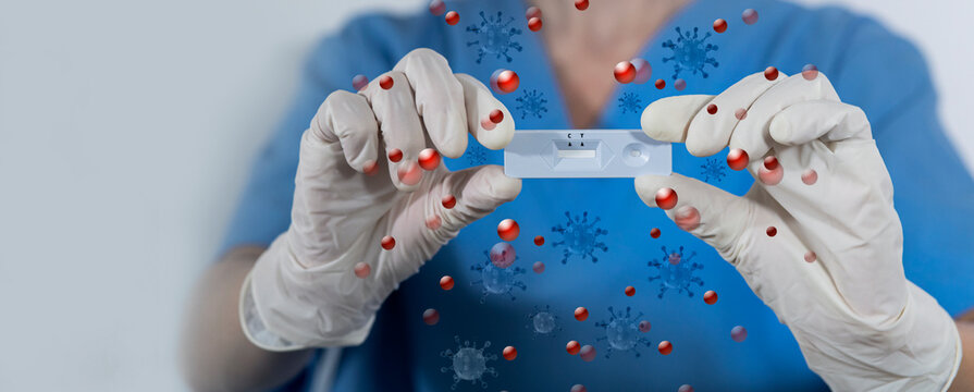 Doctor hands holding Coronavirus(Covid-19) negative test and virus interface icons, Medical technology futuristic concept.