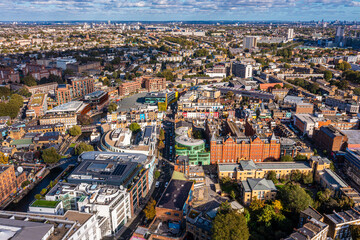 Fototapeta premium Aerial view of the Camden Lock Market in London, United Kingdom. Video of the Camden Town in London.