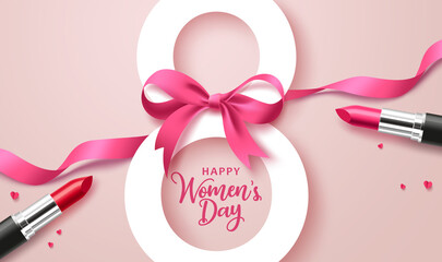 March 8 women's day vector concept design. Women's day greeting text with pink ribbon and lipstick elements decoration for international celebration background design. Vector illustration.
