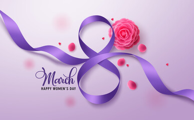March 8 vector background design. Women's day greeting text with march 8 in purple ribbon and camellia flower elements for international women's celebration. Vector illustration.
 - obrazy, fototapety, plakaty