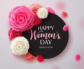 Happy women's day vector template design. March 8 women's day greeting in black empty space for text with camellia flower elements for international woman's celebration. Vector illustration.
 - obrazy, fototapety, plakaty