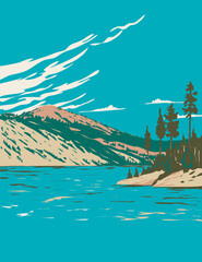 WPA poster art of Lake Tahoe-Nevada State Park with Marlette Lake and Hobart Reservoir located in Nevada, United States of America USA done in works project administration style.
 - 470544103