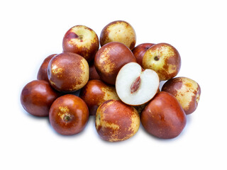 Fresh jujubes in Bamboo basket, Chocolate jujube on white background.