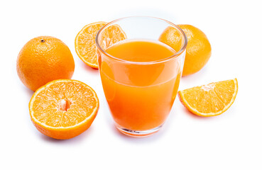 Glass of Fresh orange juice with orange fruits on white background.