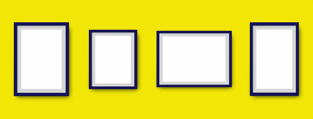 Photo frame on wall. Square frame set. Blank pictures. Photo frame. Vector isolated picture frame mockup with shadow on transparent background. Poster frame mockup. Stock vector.