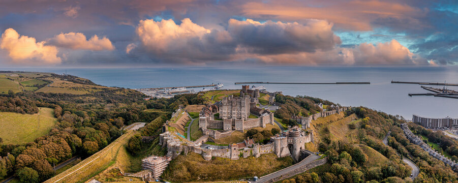 Aerial view of the Dover Castle. The most iconic of all English fortresses. English castle on top of the hill.