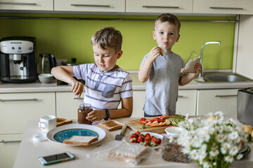 Funny male kids cooking sandwiches with fruit, berry, cottage cheese and chocolate paste at kitchen