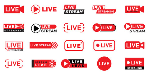 Live streaming set red icons. Play button icon. Set of video broadcasting and live streaming icon. Button, red symbols for TV, news, movies, shows. Live Play button icon vector - obrazy, fototapety, plakaty