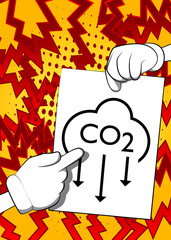 Hand holding banner with CO2 emission sign, Carbon dioxide icon on white paper. Man showing billboard.