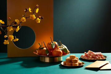 Chinese new year with red pocket teapot and biscuit jam with a gold wall in blue background for Tet holiday advertising , front view , holiday content