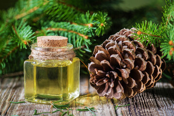 Fir needle essential oil in a glass bottle and green coniferous tree branches with cones.