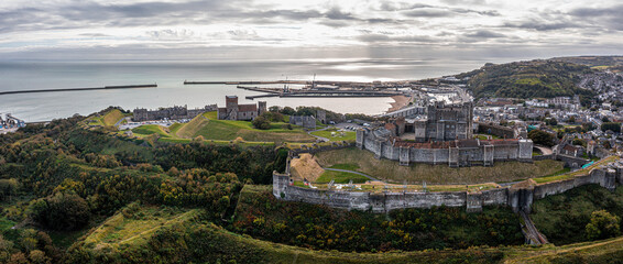 Aerial view of the Dover Castle. The most iconic of all English fortresses. English castle on top...