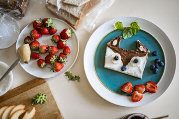 Top view childish sandwich with cottage cheese, chocolate paste, fruits, berries serving on plate