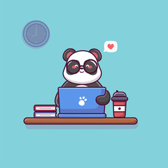 Cute panda working on laptop cartoon vector icon illustration animal technology icon © nonetoonstudio