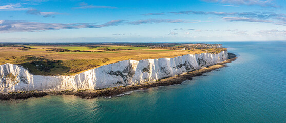 Aerial view of the White Cliffs of Dover. Close up view of the cliffs from the sea side. England, East Sussex. Between France and UK