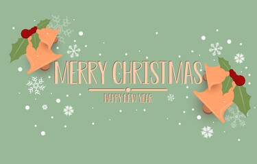 Christmas Background Vector with white snowflakes and jingle bells with Merry Christmas message and happy new year for wallpaper or greeting cards