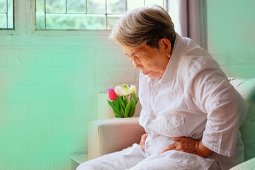 Elderly Asian woman with grey hair sits and holding her stomach in pain on the sofa, Aging society...