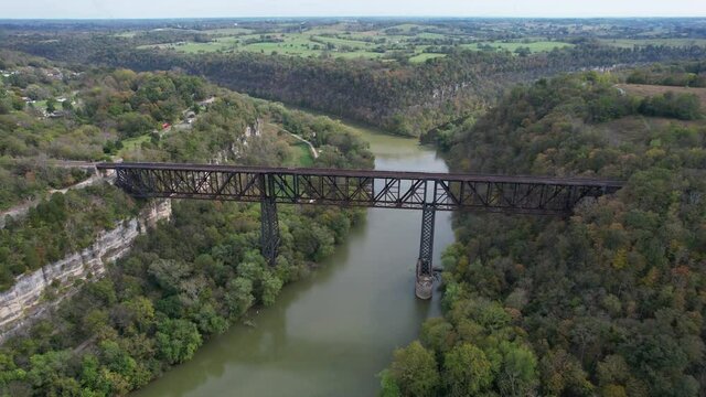 drone view of old train bridge in Kentucky 