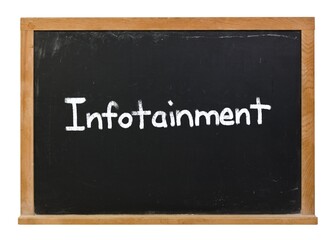 Obraz premium Infotainment written in white chalk on a black chalkboard isolated on white