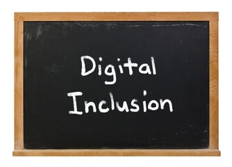 Digital Inclusion written in white chalk on a black chalkboard isolated on white