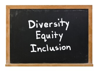 Obraz premium DEI Diversity Equity Inclusion written in white chalk on a black chalkboard isolated on white