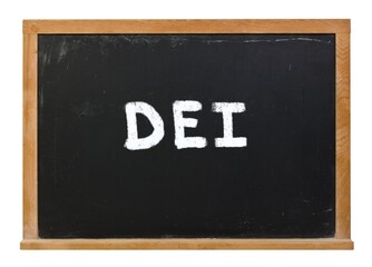 DEI Diversity Equity Inclusion written in white chalk on a black chalkboard isolated on white