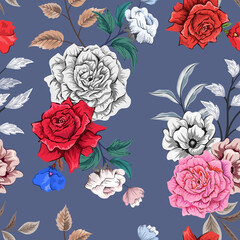 Elegant colorful seamless pattern with botanical floral design illustration.