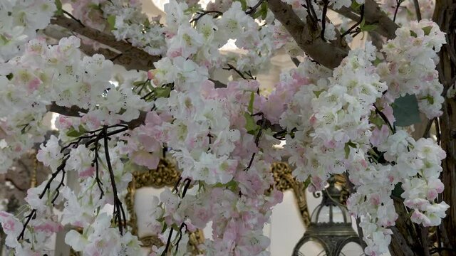 Detail Of A Beautiful Flowers Decorated For Arch On Wedding Ceremony - Outdoor Wedding - Close Up Shot. Close up shot of Festive wedding.