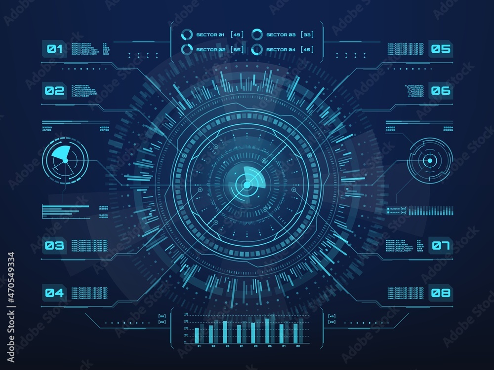 Leinwandbilder Futuristic infographics of HUD ui interface, vector visual business data charts and information graphs. Digital screen hologram of circular diagram with dashboard panel statistics info bars