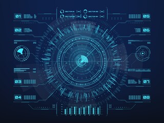 Futuristic infographics of HUD ui interface, vector visual business data charts and information graphs. Digital screen hologram of circular diagram with dashboard panel statistics info bars