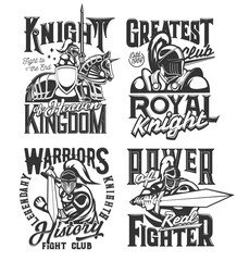 Tshirt prints with knight warriors with sword, spear and horse vector mascot for fighter club apparel design. Medieval knights in helmet with plumage, armor or cape. T shirt prints with typography set