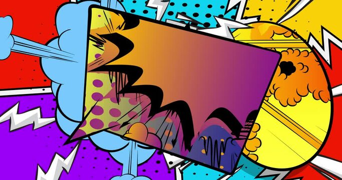 Animated Pop Art Comic Book Speech Bubble Background Cartoon. Motion Poster for your intro. Moving retro manga comics effect. Colorful clip art.