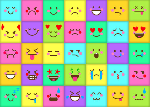 Emoji face emoticon button badge color flat set. Cheerful and sad emotions of social network messenger website. Badge sticker icon funny colored kid cute cube square shape chat icon isolated on white