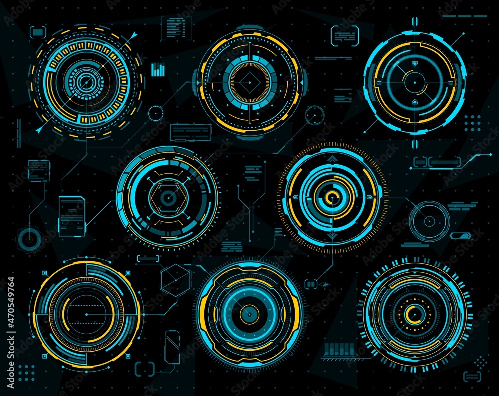 Poster HUD futuristic graph, circular interface panels. Sci Fi technology radars, visual data futuristic vector diagrams with neon blue and yellow circles, computer game UI elements or military aim targets