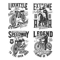 Tshirt prints with retro off road bikes, sport team apparel design vector emblems. T shirt monochrome prints with typography, motorcycles speedway, isolated black grunge labels on white background set