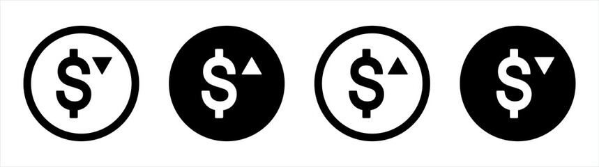 Cost rising icon. Profits Increase icon. Dollar exchange rate up, rate down vector illustration.