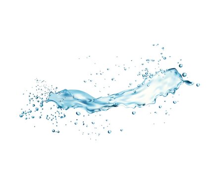 Transparent Long Water Splash With Drops, Liquid Blue Clear Aqua Wave. Realistic 3D Vector. Water Flow With Droplets Of Clean Drink With Ripples In Motion And Water Pouring Flow Bubbles