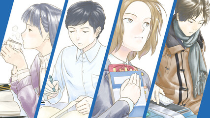 受験に向けた学生の仕草・生活_4人set_水彩塗り