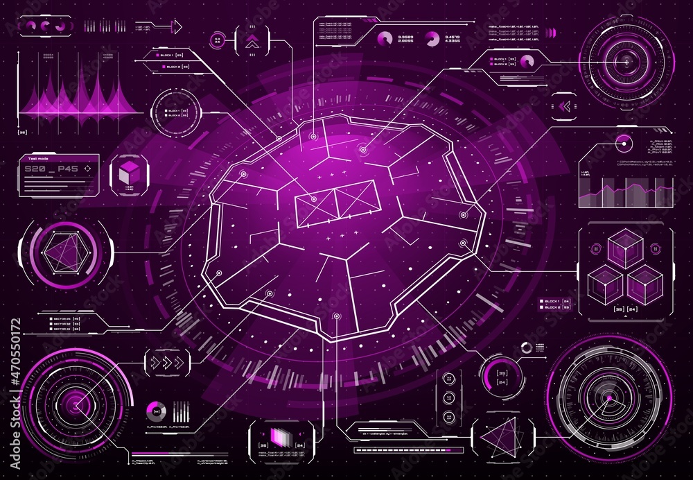 Poster HUD futuristic prison security interface screen, safeguard movement and cameras controls, vector hologram display. HUD technology virtual jail or prison cells with monitoring panel or dashboard