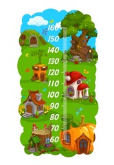 Kids height chart. Gnome, elf and wizard cartoon home dwellings. Vector growth measure meter wall sticker for children height measure with fantasy carrot, pumpkin, stump and tree houses