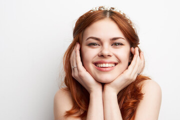 woman bare shoulders red hair makeup glamor smile model