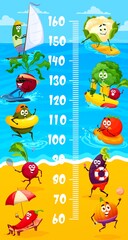 Funny vegetables on summer vacation. Kids height chart, growth measure meter. Vector wall sticker scale with cartoon avocado, pepper, tomato and eggplant, cabbage and veggie characters on beach