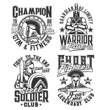 Spartans, gladiators and Romans t-shirt prints. Gym, fitness and fighting club apparel custom design vector prints with ancient greek warriors in armor, armed xiphos short sword and shied