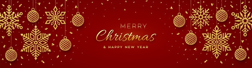 Christmas red background with hanging shining golden snowflakes and balls. Holiday Xmas and New Year poster, web banner. Merry christmas greeting card. Vector Illustration.